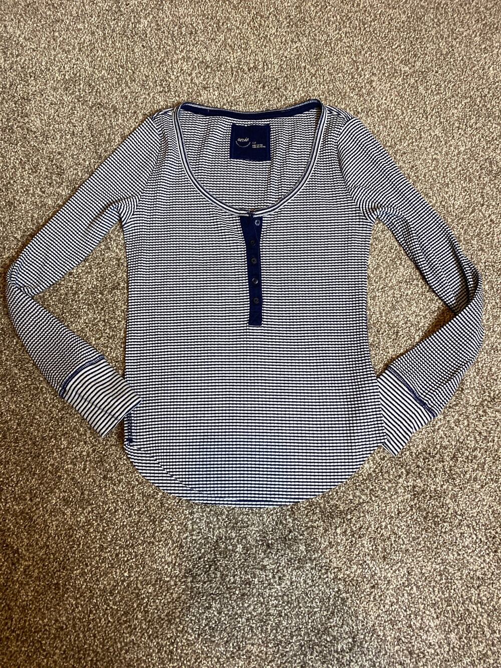 Aerie CHECK KNIT Henley Top Womens Size S BLUE White Long Sleeve